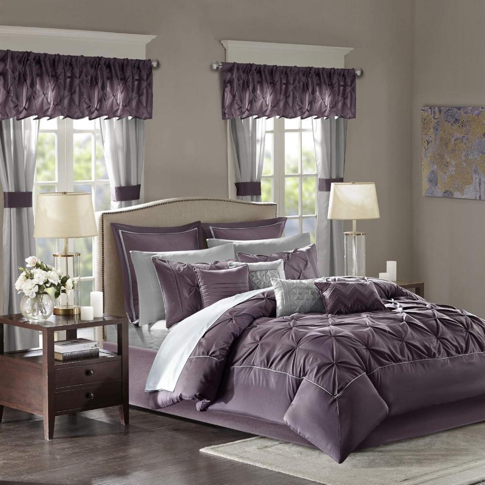 imageMadison Park Essentials Room in a Bag Faux Silk Comforter Set  Luxe Diamond Tufting All Season Bedding Matching Curtains Decorative Pillows Grey King104quotx92quot 24 PiecePlum