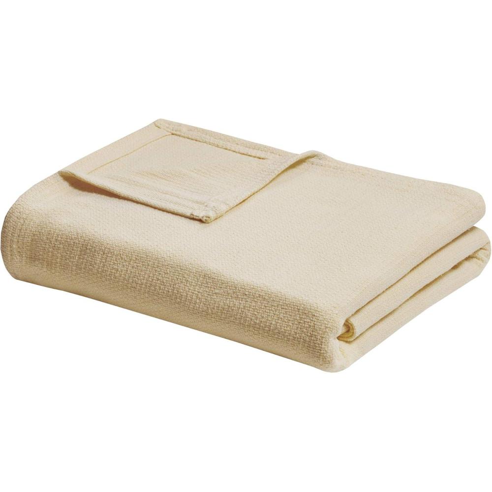 imageMadison Park Freshspun Basketweave Luxury Cotton Blanket Yellow 90x90quot FullQueen Size Basketweave Premium Soft Cozy 100 Cotton For Bed Couch or SofaYellow