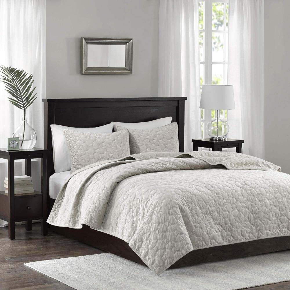 imageMadison Park Harper Quilt Set Velvet Casual Geometric Stitching Design All Season Lightweight Coverlet Cozy Bedding Matching Shams FullQueen90quotx90quot Ivory 3 PieceIvory