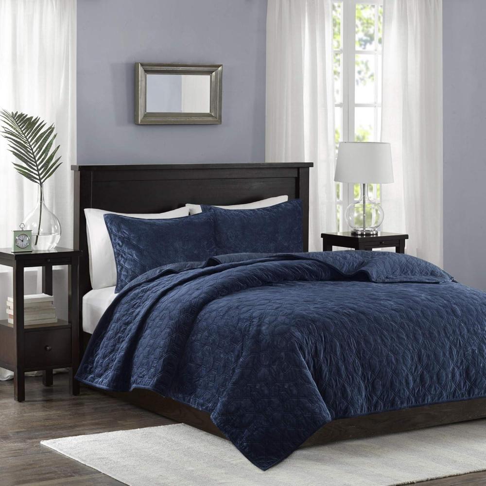 imageMadison Park Harper Quilt Set Velvet Casual Geometric Stitching Design All Season Lightweight Coverlet Cozy Bedding Matching Shams FullQueen90quotx90quot Ivory 3 PieceNavy