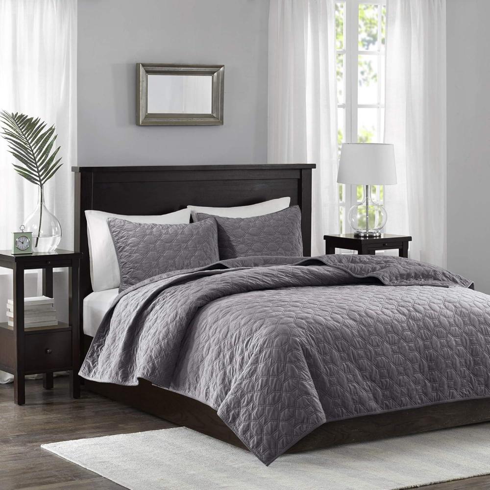imageMadison Park Harper Quilt Set Velvet Casual Geometric Stitching Design All Season Lightweight Coverlet Cozy Bedding Matching Shams FullQueen90quotx90quot Ivory 3 PieceGrey