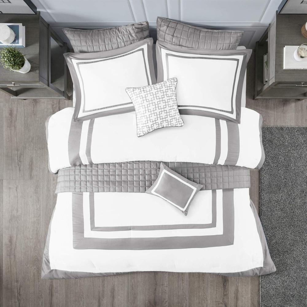 imageMadison Park Heritage Comforter Quilt Combo Set Modern Luxury Design All Season Down Alternative Bedding Matching Shams Decorative Pillows FullQueen90quotx90quot Color Block Grey 8 PieceHeritage Color Block Grey