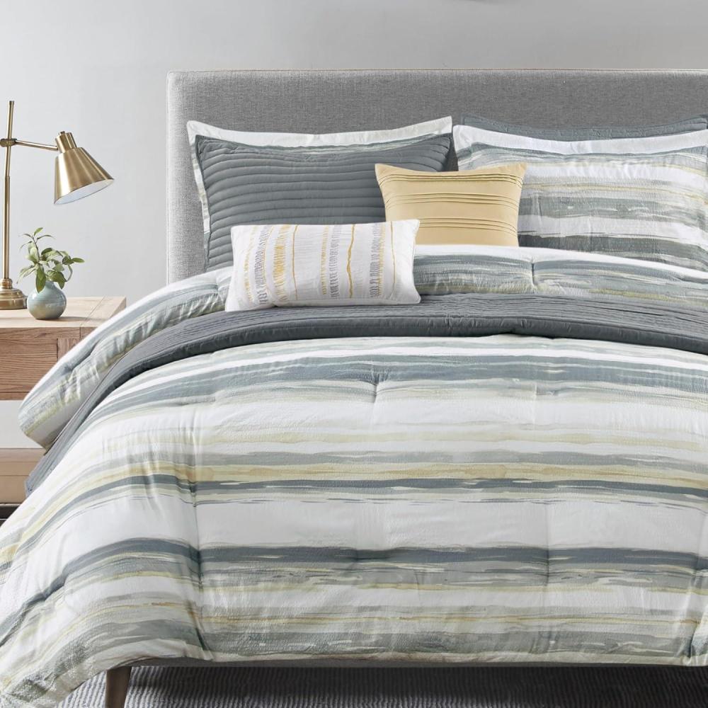 imageMadison Park Heritage Comforter Quilt Combo Set  Modern Luxury Design All Season Down Alternative Bedding Matching Shams Decorative Pillows FullQueen90quotx90quot Color Block Grey 8 PieceMarina Coastal Stripes Yellow