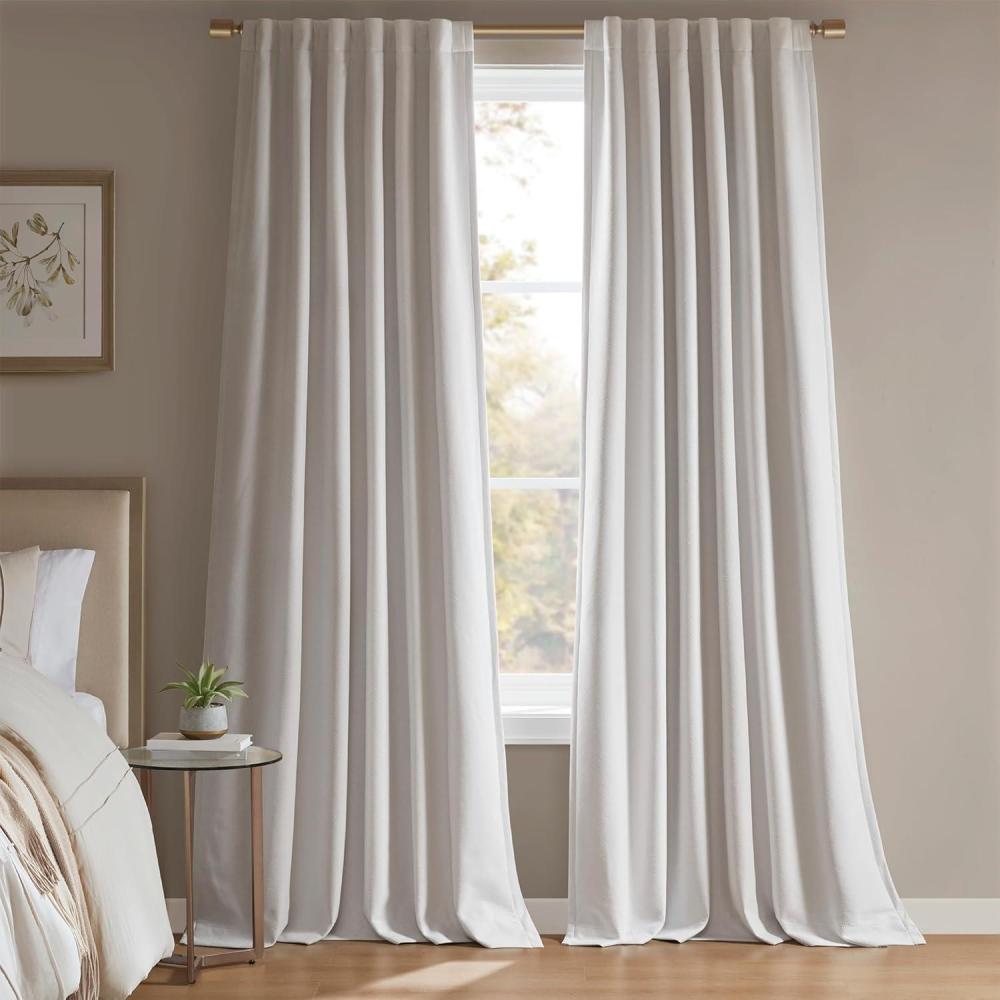 imageMadison Park Karien 100 Blackout Curtains 52x84  White 2Layer Noise Blocking ampamp Energy Smart Thermal Window Panel Pair with Rod PocketBack TabWhite