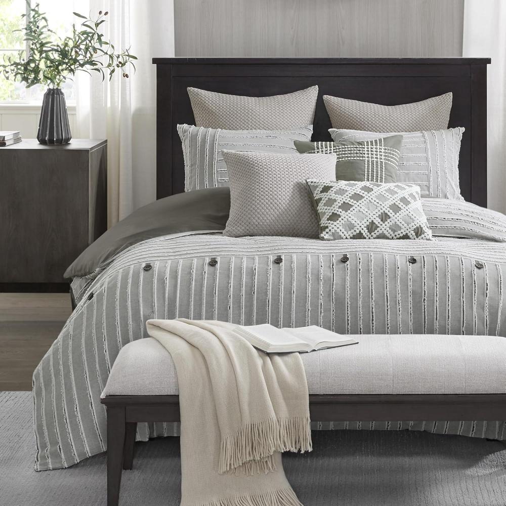 imageMadison Park King Comforter Set Removable 100 Cotton Duvet Cover King Size with Insert Farmhouse Bedding Textured Stripe Clipped Jacquard Accent King Grey 9 PieceGray