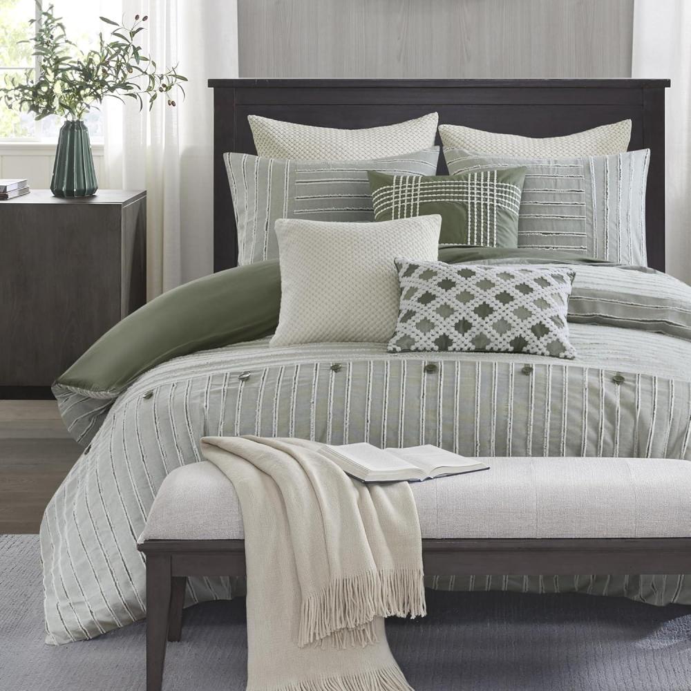 imageMadison Park King Comforter Set Removable 100 Cotton Duvet Cover King Size with Insert Farmhouse Bedding Textured Stripe Clipped Jacquard Accent King Grey 9 PieceGreen