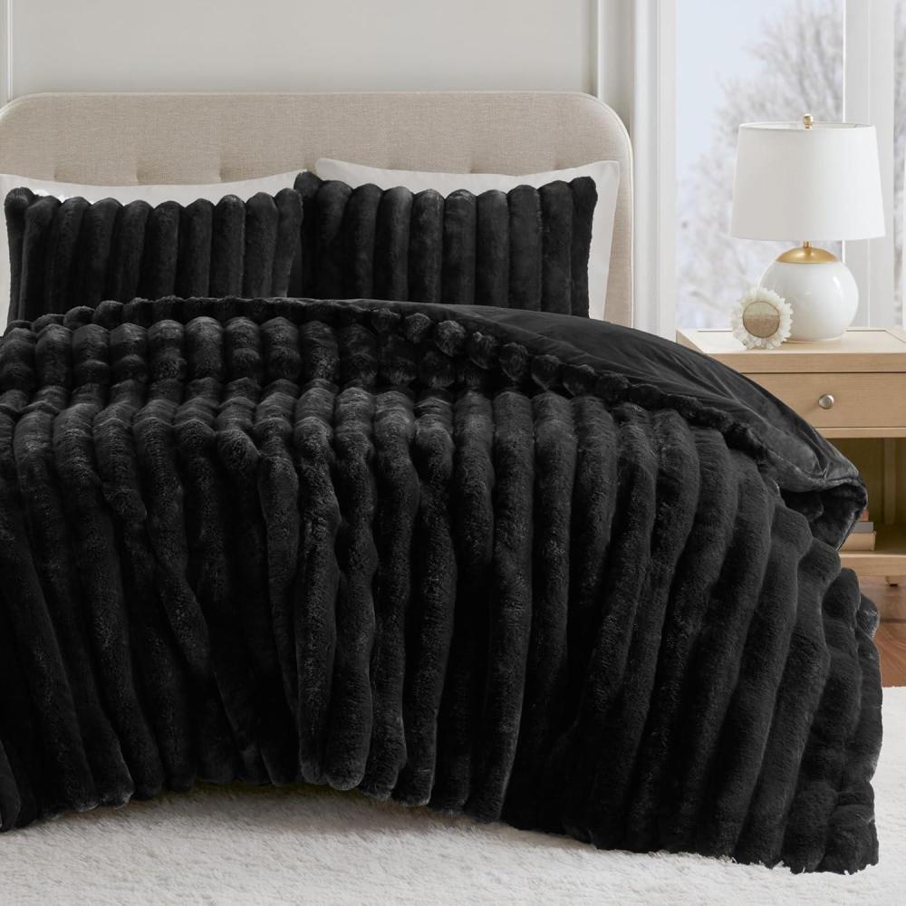 imageMadison Park King Comforter Set Reversible FauxFur Plush Comforters for King Size Bed All Season Luxurious Ribbed Velvet Comforters King Size Bedding Set Jasmine King Ivory 3 PieceBlack