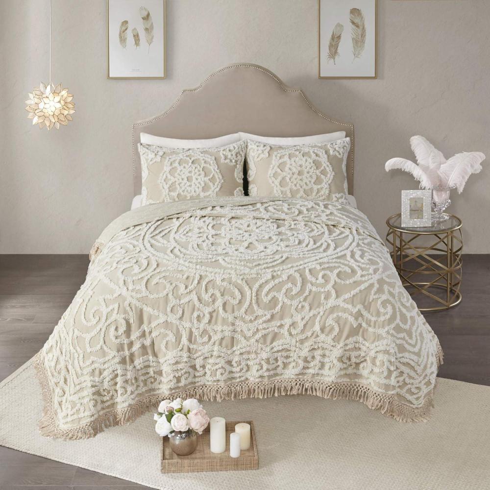 imageMadison Park Laetitia Lightweight 100 Cotton Quilt Set Breathable Chenille Tufted Shabby Chic Boho Medallion Design Sham Floral Taupe w Tassels FullQueen2 PieceLaetitia Taupe Coverlet