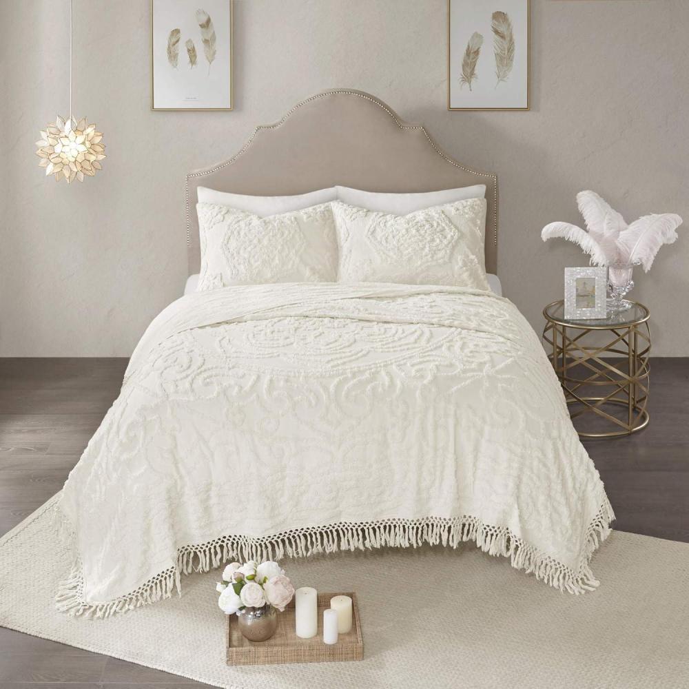imageMadison Park Laetitia Lightweight 100 Cotton Quilt Set Breathable Chenille Tufted Shabby Chic Boho Medallion Design Sham Floral Taupe w Tassels FullQueen2 PieceLaetitia Ivory Coverlet