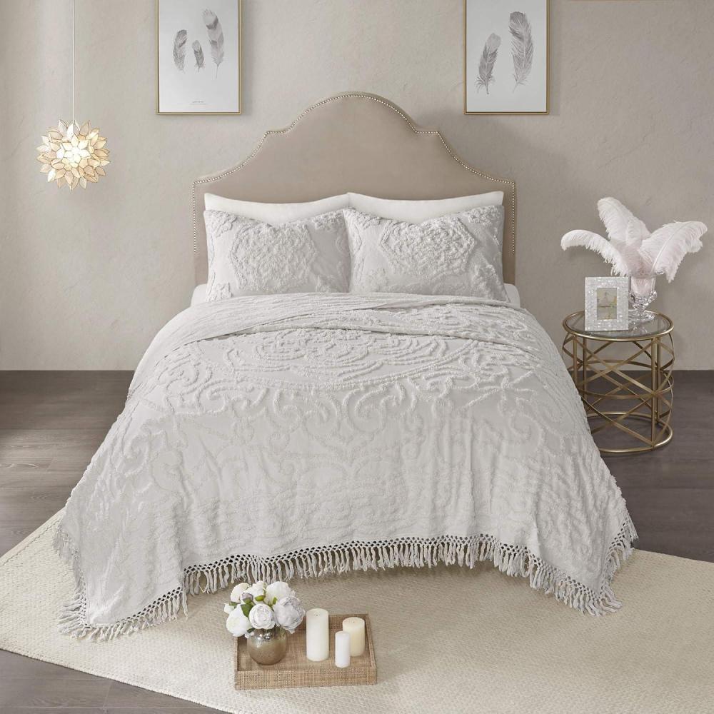 imageMadison Park Laetitia Lightweight 100 Cotton Quilt Set Breathable Chenille Tufted Shabby Chic Boho Medallion Design Sham Floral Taupe w Tassels FullQueen2 PieceLaetitia Grey Coverlet