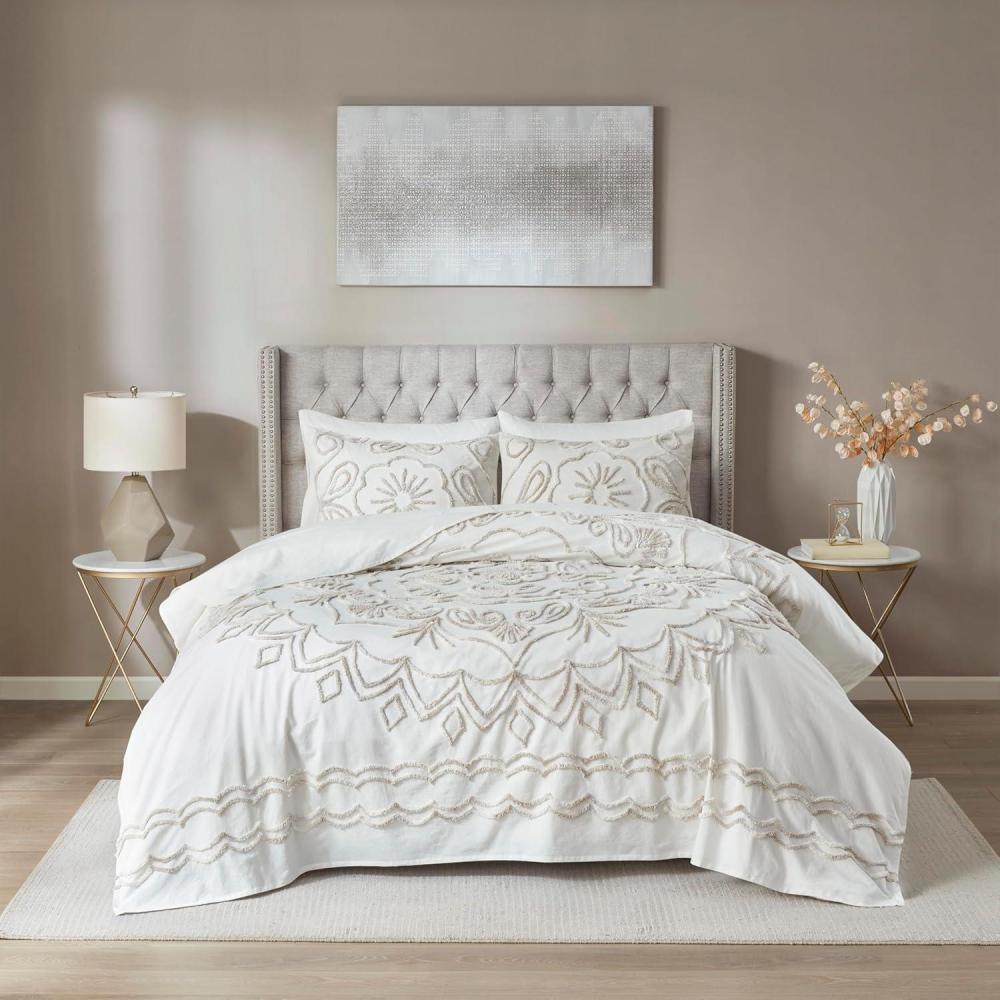 imageMadison Park Laetitia Lightweight 100 Cotton Quilt Set Breathable Chenille Tufted Shabby Chic Boho Medallion Design Sham Floral Taupe w Tassels FullQueen2 PieceViolette IvoryTaupe Coverlet