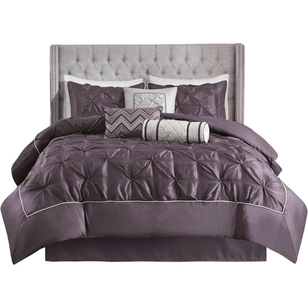 imageMadison Park Laurel Cozy Comforter Set  Traditional Tufted Faux Silk Design All Season Down Alternative Bedding with Matching Shams Decorative Pillow Grey Queen90quotx90quot 7 PiecePlum