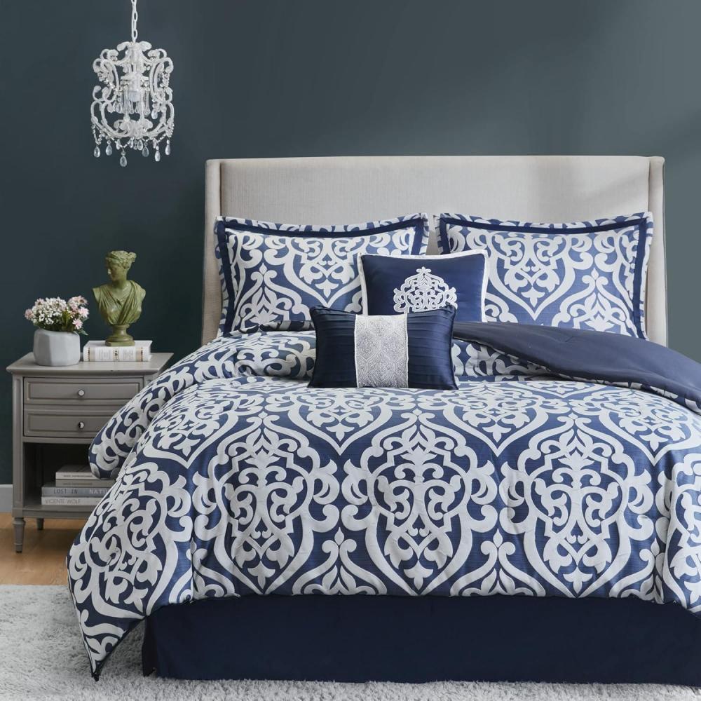 imageMadison Park Lavine Cozy Bed in a Bag Comforter Set Traditional Luxe Jacquard Design All Season Down Alternative Bedding with Cotton Bed Sheets Bed Skirt ampamp Pillows Queen Blue 12 PieceNavy Comforter 6pcs