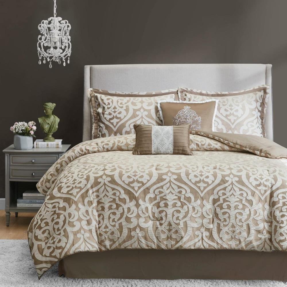 imageMadison Park Lavine Cozy Bed in a Bag Comforter Set Traditional Luxe Jacquard Design All Season Down Alternative Bedding with Cotton Bed Sheets Bed Skirt ampamp Pillows Queen Blue 12 PieceTan Comforter 6pcs