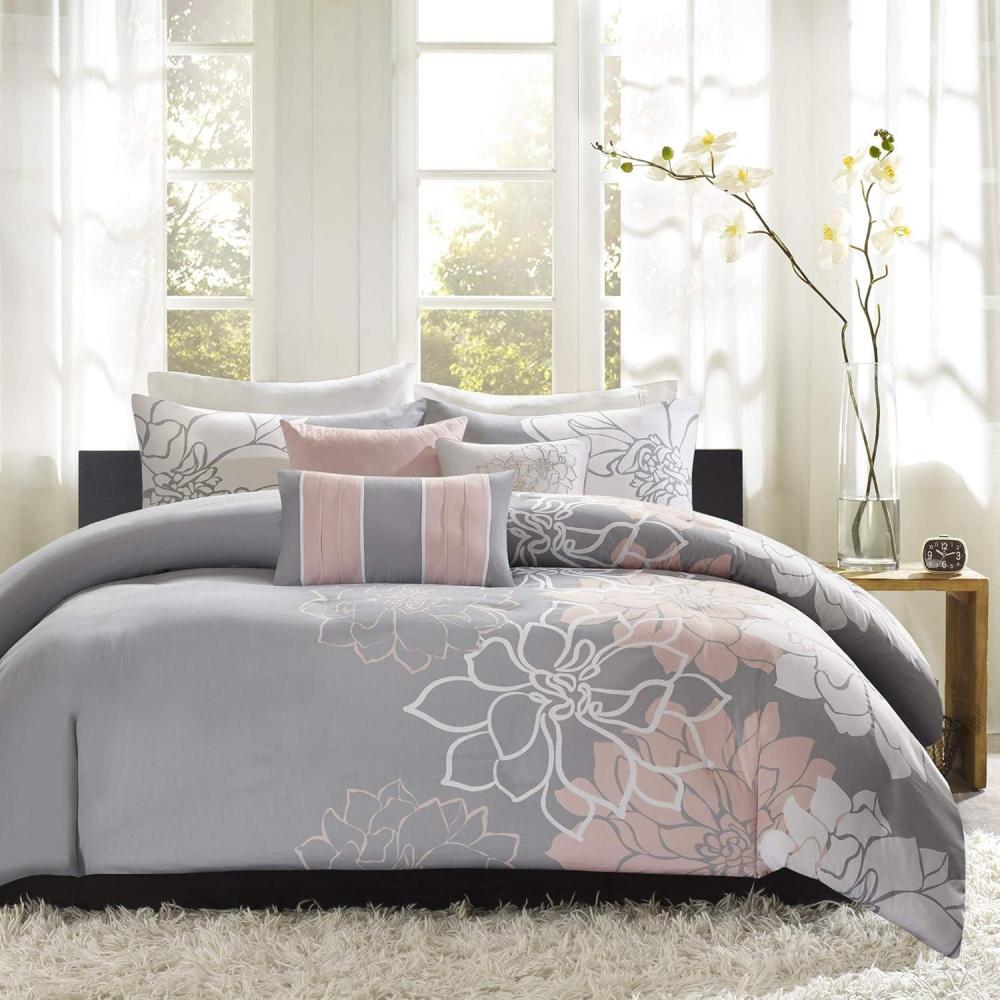 imageMadison Park Lola 100 Cotton Duvet Set Beautiful Floral Pattern Ruffle Border Design All Season Breathable Comforter Cover Bedding Matching Shams FullQueen90quotx90quot PurpleGrey 6 PieceBlushGrey