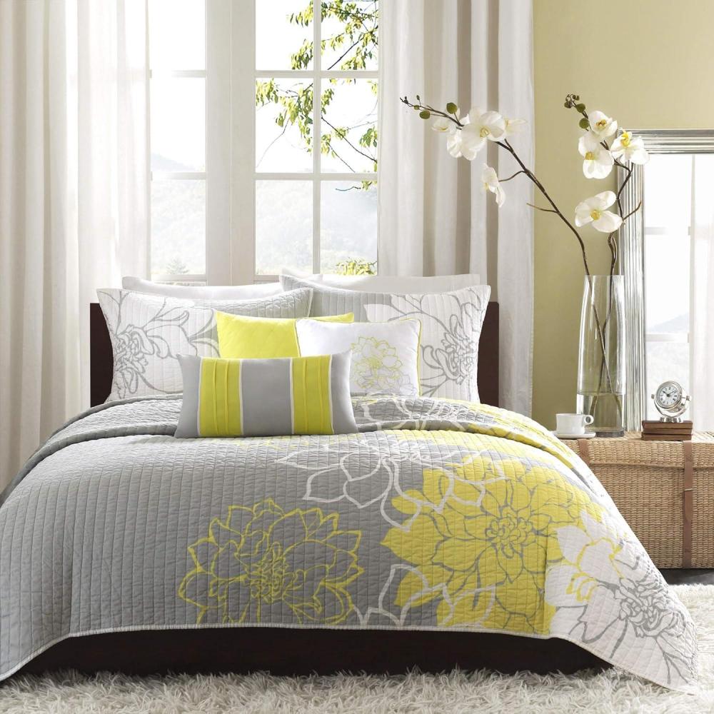 imageMadison Park Lola 100 Cotton Quilt SetCasual Floral Channel Stitching Design All Season Lightweight Coverlet Bedspread Bedding Shams Decorative Pillows FullQueen 90 in x 90 in Purple 6 PieceLola Yellow