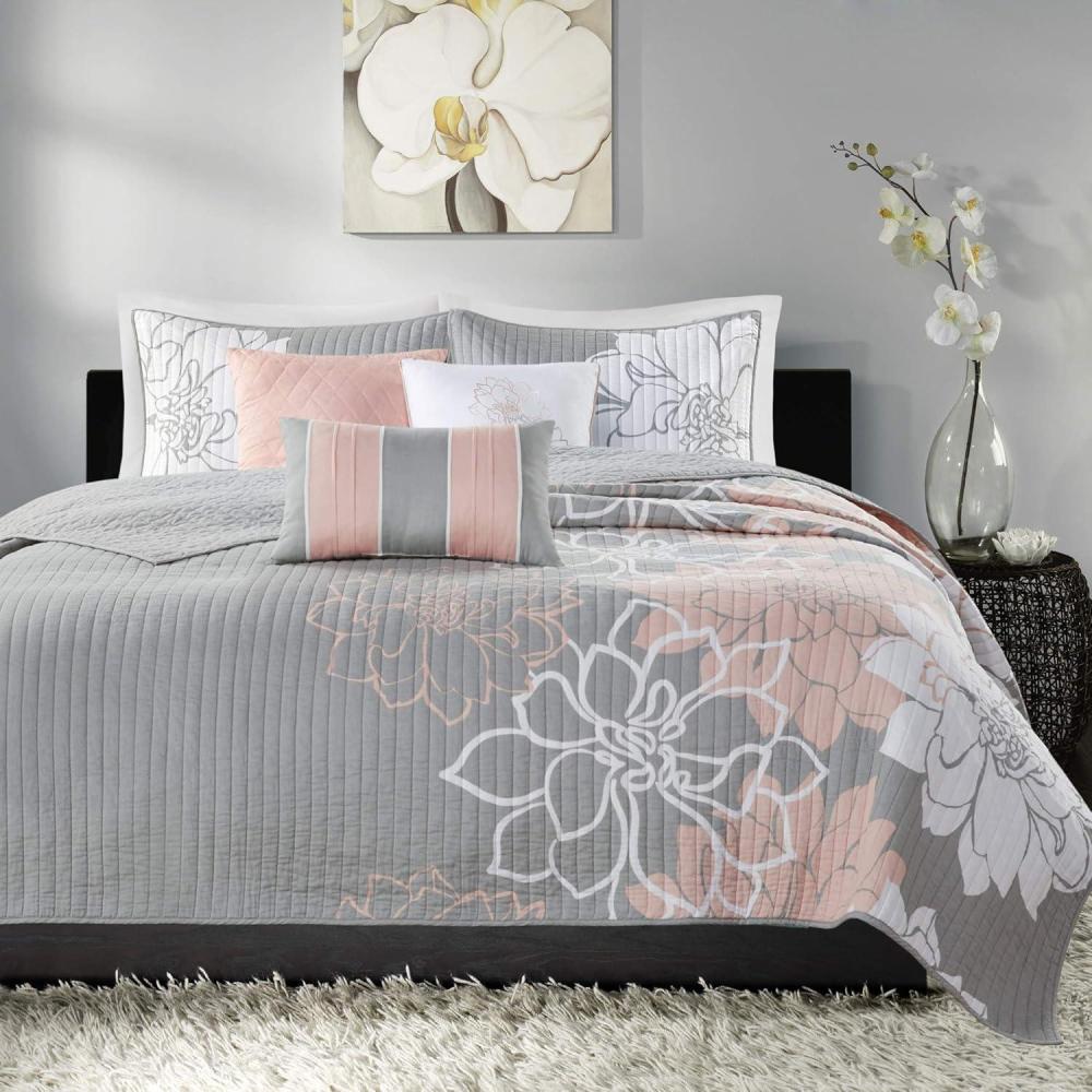 imageMadison Park Lola 100 Cotton Quilt SetCasual Floral Channel Stitching Design All Season Lightweight Coverlet Bedspread Bedding Shams Decorative Pillows FullQueen 90 in x 90 in Purple 6 PieceLola Blush