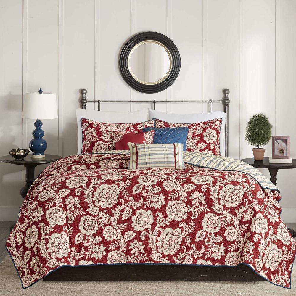 imageMadison Park Lola 100 Cotton Quilt SetCasual Floral Channel Stitching Design All Season Lightweight Coverlet Bedspread Bedding Shams Decorative Pillows FullQueen 90 in x 90 in Purple 6 PieceLucy Red