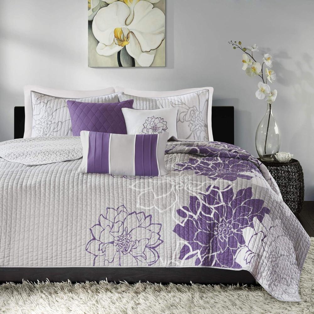 imageMadison Park Lola 100 Cotton Quilt SetCasual Floral Channel Stitching Design All Season Lightweight Coverlet Bedspread Bedding Shams Decorative Pillows FullQueen 90 in x 90 in Purple 6 PieceLola Purple