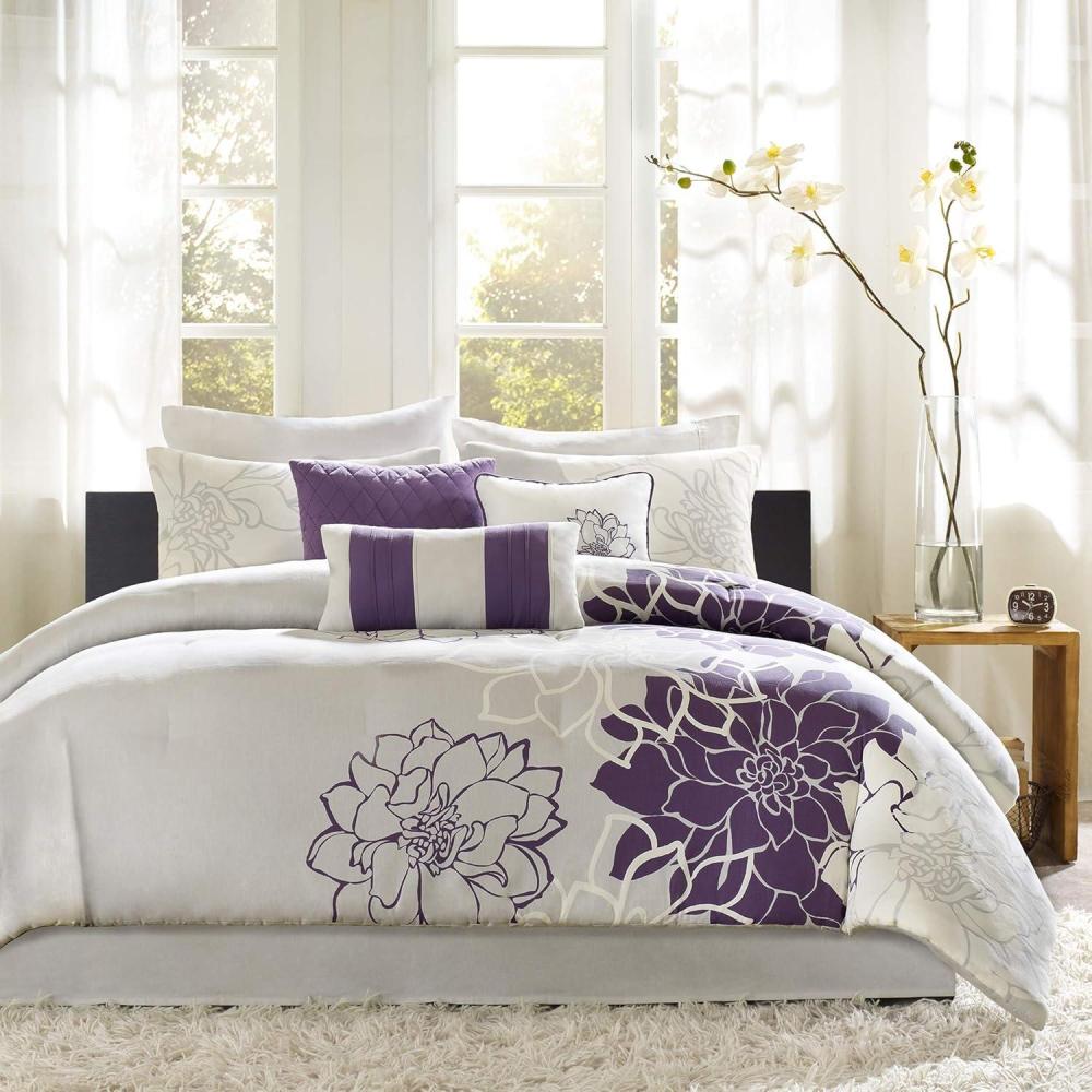imageMadison Park Lola Sateen Cotton Comforter SetCasual Medallion Floral Design All Season Down Alternative Bedding Shams Bedskirt Decorative Pillows Queen GreyAqua 7 PieceFloral GreyPurple