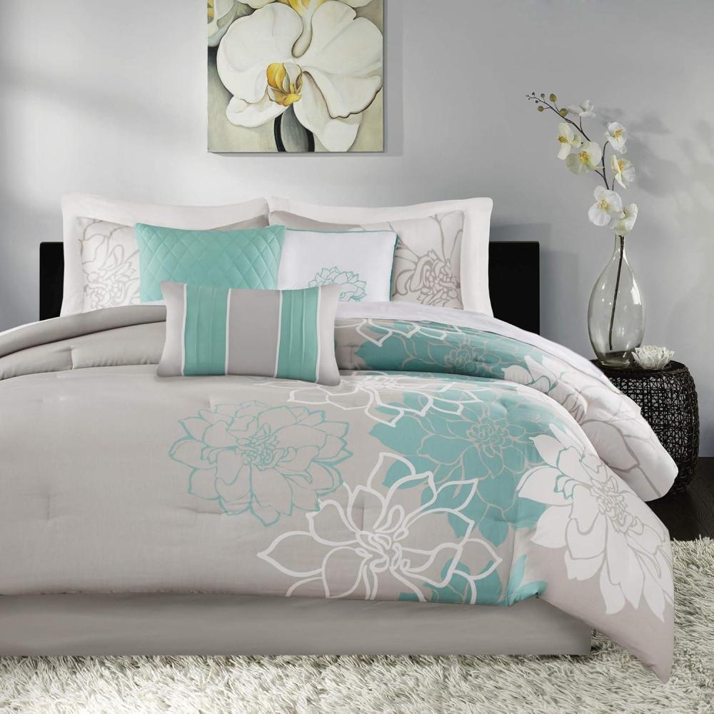 imageMadison Park Lola Sateen Cotton Comforter SetCasual Medallion Floral Design All Season Down Alternative Bedding Shams Bedskirt Decorative Pillows Queen GreyAqua 7 PieceFloral GreyAqua