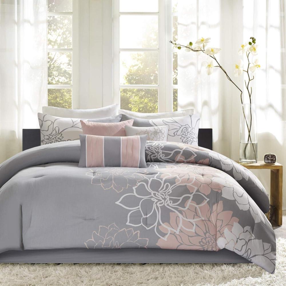 imageMadison Park Lola Sateen Cotton Comforter SetCasual Medallion Floral Design All Season Down Alternative Bedding Shams Bedskirt Decorative Pillows Queen GreyAqua 7 PieceTaupe GreyPeach