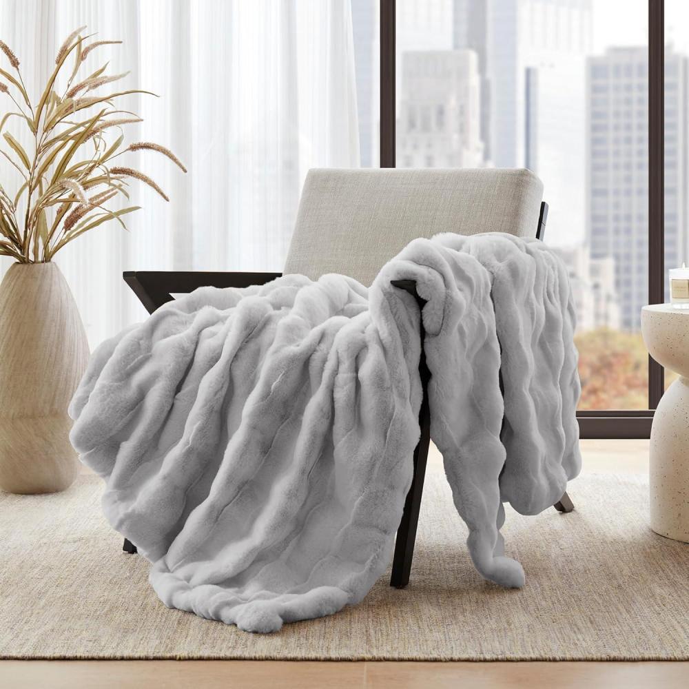 imageMadison Park Luxuriously Cozy Soft Long Faux Fur Throw Basketweave Blanket Reversible Soft ampamp Snuggly Velvet Throw Lightweight Breathable Trendy Room Dcor Summer Blanket 50x60 IvoryLight Grey