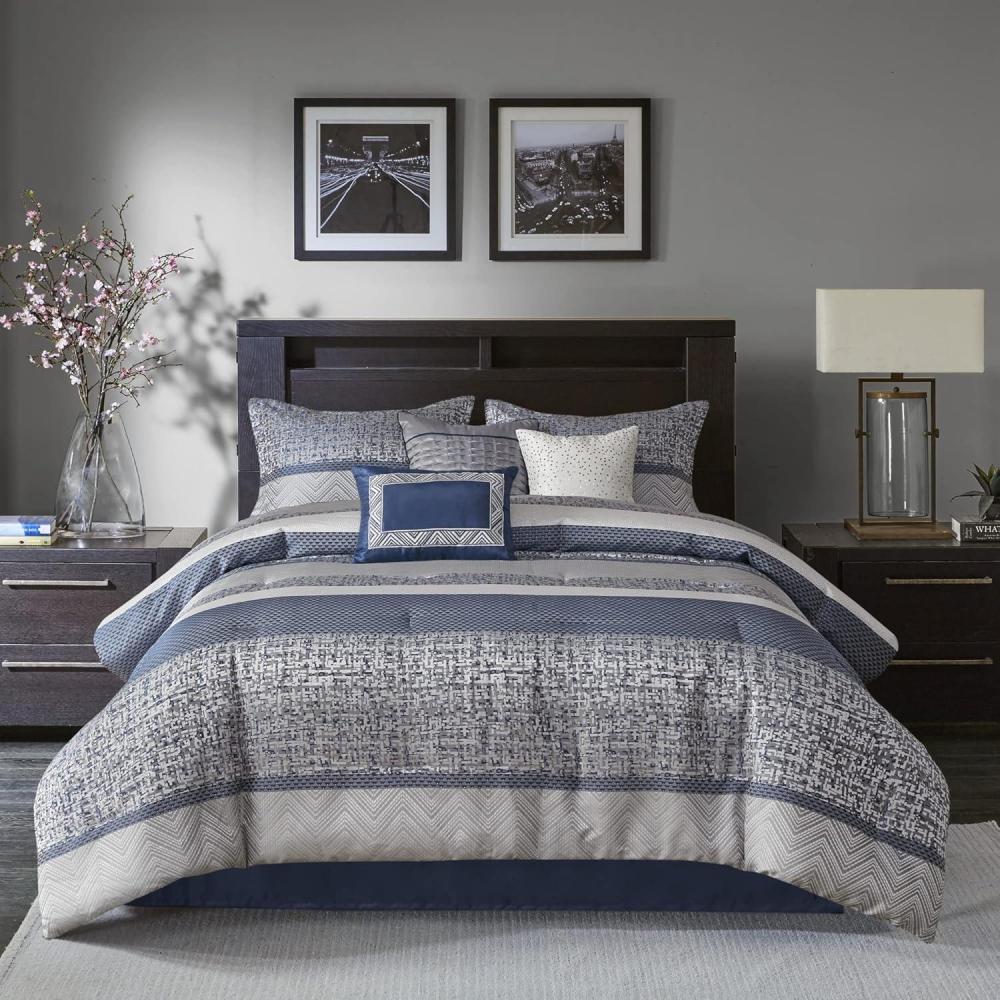 imageMadison Park Luxury Comforter SetTraditional Jacquard Design All Season Down Alternative Bedding Matching Bedskirt Decorative Pillows Queen90quotx90quot Ava Pieced Taupe 7 PieceStriped Navy