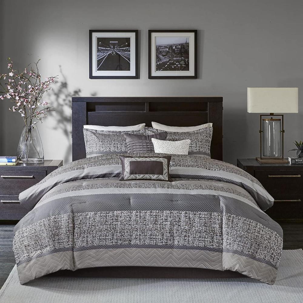imageMadison Park Luxury Comforter SetTraditional Jacquard Design All Season Down Alternative Bedding Matching Bedskirt Decorative Pillows Queen90quotx90quot Ava Pieced Taupe 7 PieceStriped GreyTaupe