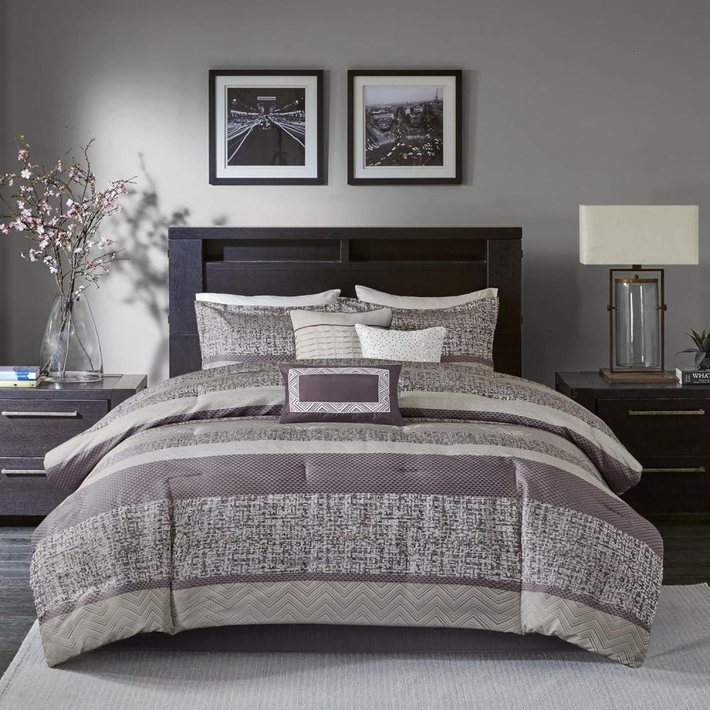 imageMadison Park Luxury Comforter SetTraditional Jacquard Design All Season Down Alternative Bedding Matching Bedskirt Decorative Pillows Queen90quotx90quot Ava Pieced Taupe 7 PieceStriped Purple