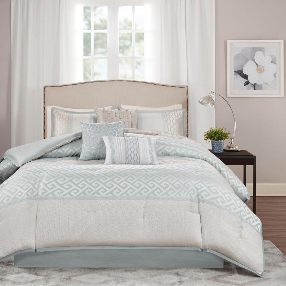 imageMadison Park Luxury Comforter SetTraditional Jacquard Design All Season Down Alternative Bedding Matching Bedskirt Decorative Pillows Queen90quotx90quot Ava Pieced Taupe 7 PieceGeometric Aqua