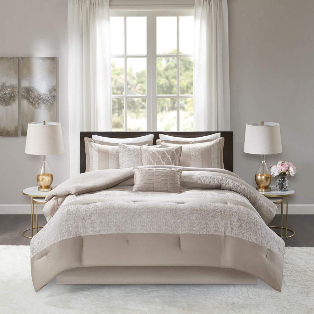 imageMadison Park Luxury Comforter SetTraditional Jacquard Design All Season Down Alternative Bedding Matching Bedskirt Decorative Pillows Queen90quotx90quot Ava Pieced Taupe 7 PiecePieced Taupe