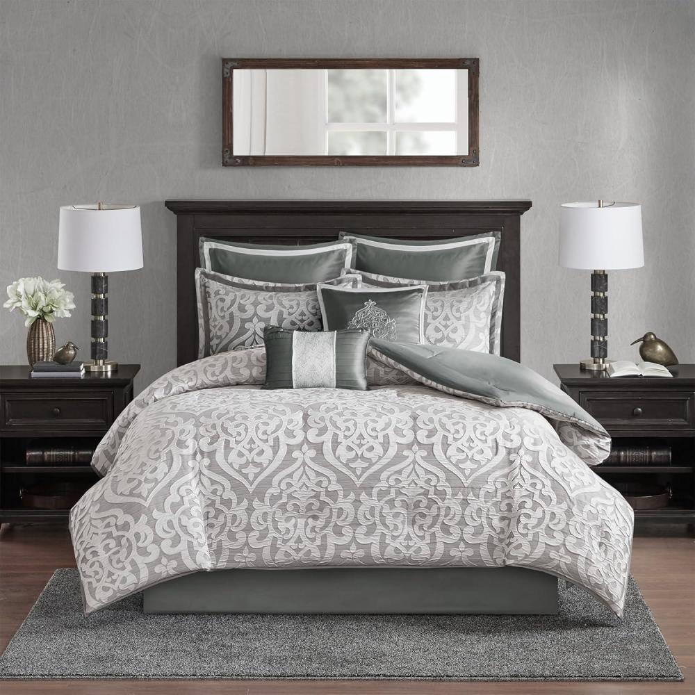 imageMadison Park Odette Cozy Comforter Set Jacquard Damask Medallion Design  Modern All Season Down Alternative Bedding Shams Decorative Pillows King104 in x 92 in Silver 8 PieceSilverGrey