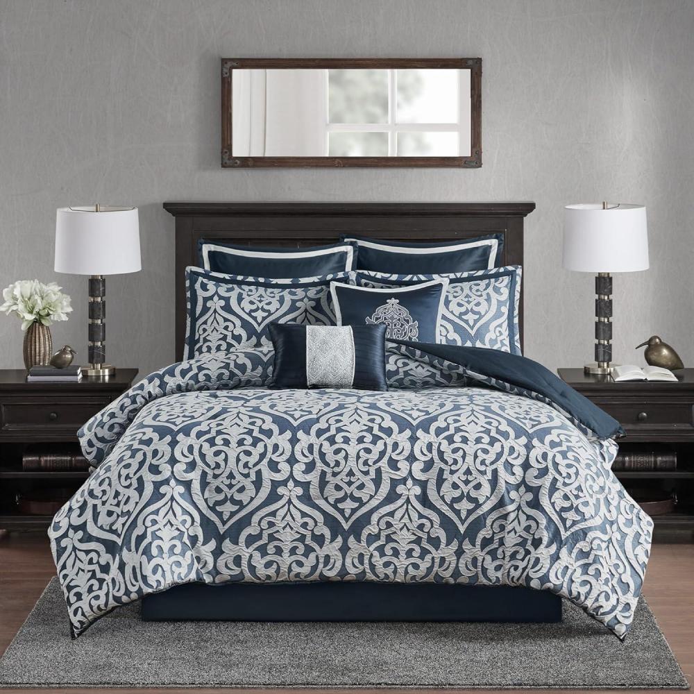 imageMadison Park Odette Cozy Comforter Set Jacquard Damask Medallion Design Modern All Season Down Alternative Bedding Shams Decorative Pillows King104 in x 92 in Silver 8 PieceNavyGrey