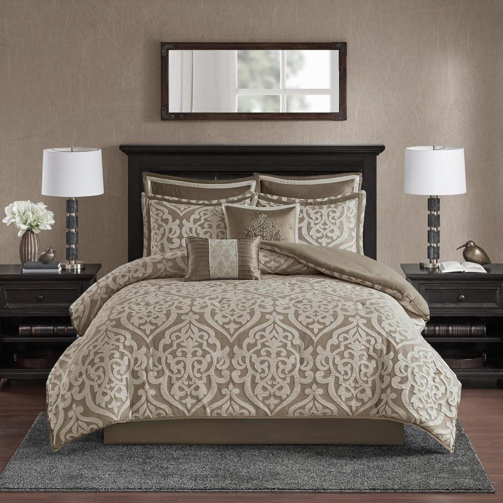 imageMadison Park Odette Cozy Comforter Set Jacquard Damask Medallion Design  Modern All Season Down Alternative Bedding Shams Decorative Pillows King104 in x 92 in Silver 8 PieceTanIvory