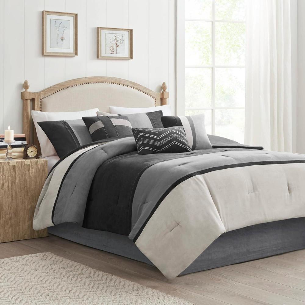 imageMadison Park Palisades Comforter Set Modern Faux Suede Pieced Stripe Design All Season Down Alternative Cozy Bedding with Matching Shams Decorative Pillows King104quotx92quot Black 7 PieceBlack 7pcs