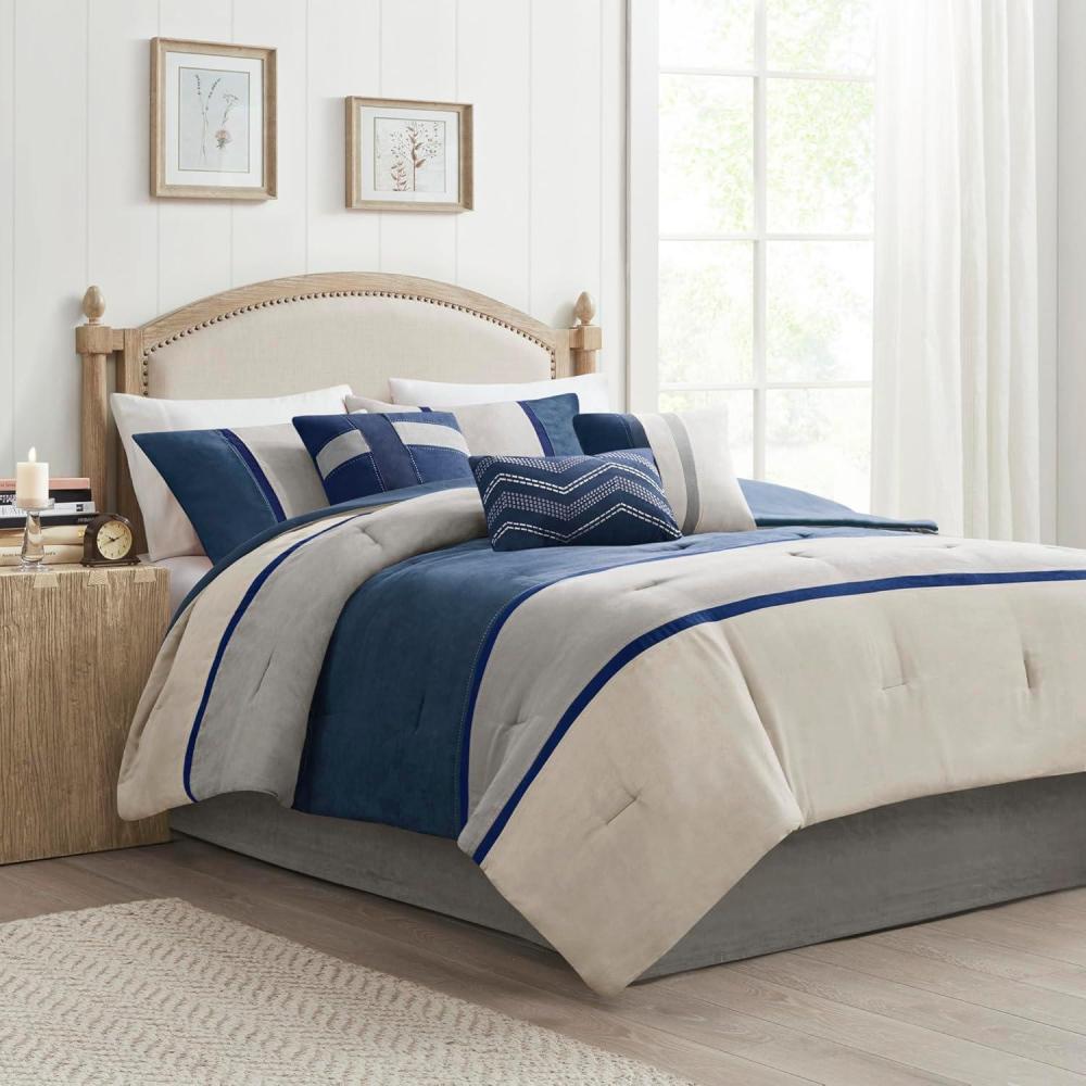 imageMadison Park Palisades Comforter Set Modern Faux Suede Pieced Stripe Design All Season Down Alternative Cozy Bedding with Matching Shams Decorative Pillows King104quotx92quot Black 7 PieceBlue 7pcs