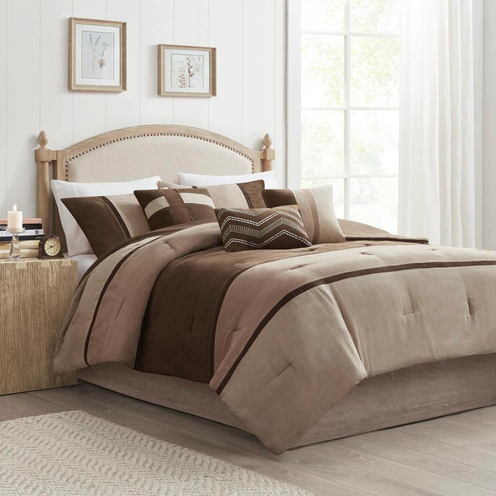 imageMadison Park Palisades Comforter Set Modern Faux Suede Pieced Stripe Design All Season Down Alternative Cozy Bedding with Matching Shams Decorative Pillows King104quotx92quot Black 7 PieceBrown 7pcs