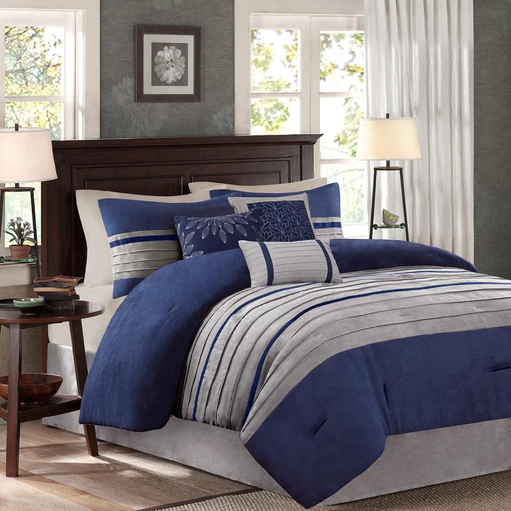 imageMadison Park Palmer Comforter SetLuxury Faux Suede Design Striped Accent All Season Down Alternative Bedding Matching Shams Decorative Pillow Bed Skirt Queen 90 in x 90 in Red 7 PieceBlue