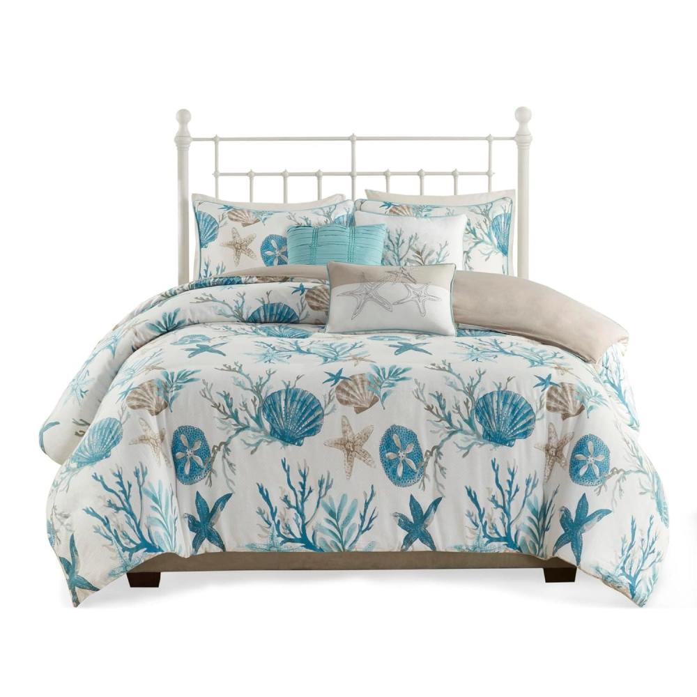 imageMadison Park Pebble Beach Cotton Duvet Set Coastal Starfish Sealife Design All Season Breathable Comforter Cover Bedding Matching Shams Decorative Pillows Coral FullQueen90quotx90quot 6 PieceAqua
