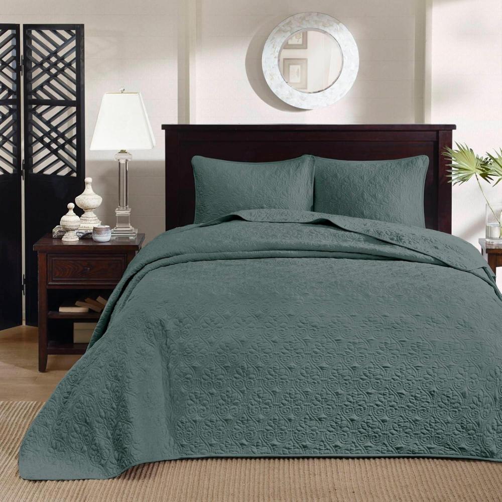 imageMadison Park Quebec Queen Size Quilt Bedding Set Ivory Damask 3 Piece Bedding Quilt Coverlets Ultra Soft Microfiber Bed Quilts Quilted CoverletBalsam Green