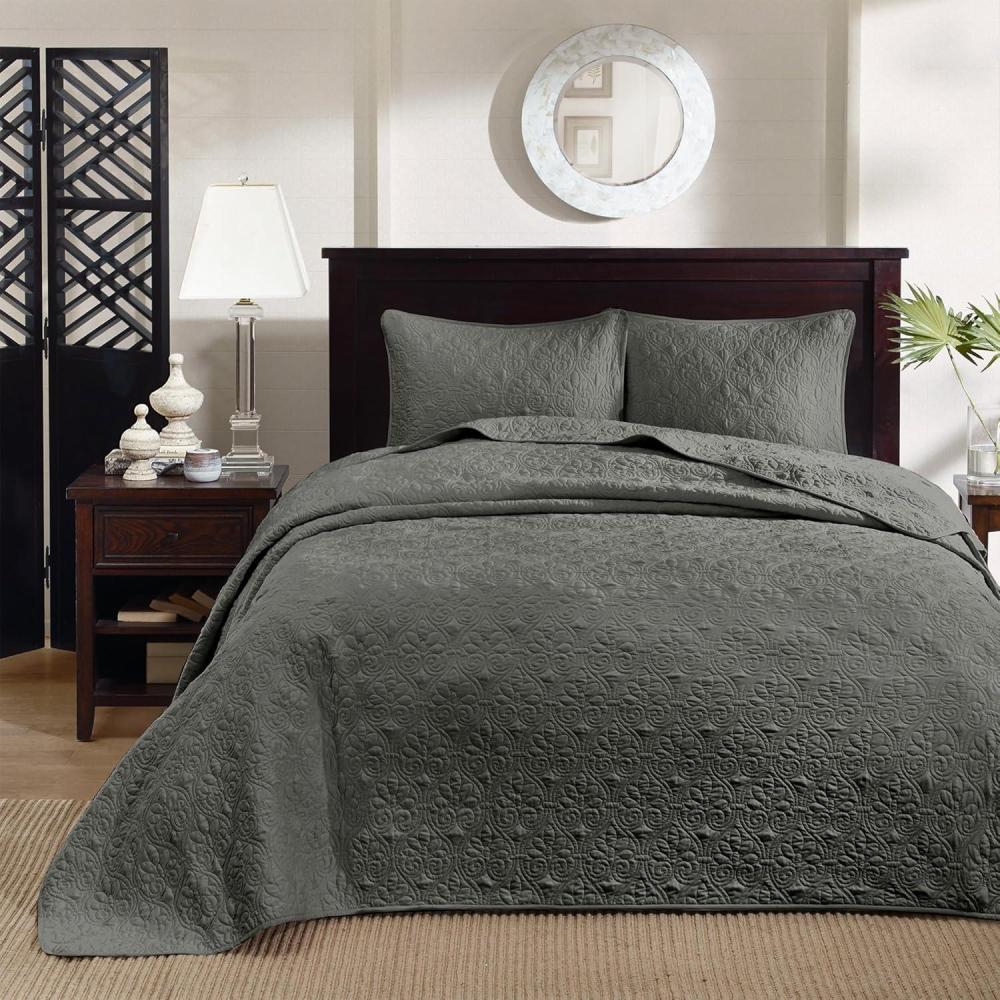 imageMadison Park Quebec Queen Size Quilt Bedding Set  Ivory  Damask  3 Piece Bedding Quilt Coverlets  Ultra Soft Microfiber Bed Quilts Quilted CoverletDark Grey