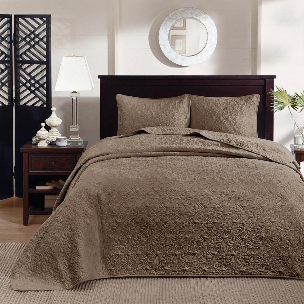 imageMadison Park Quebec Queen Size Quilt Bedding Set Ivory Damask 3 Piece Bedding Quilt Coverlets Ultra Soft Microfiber Bed Quilts Quilted CoverletMocha