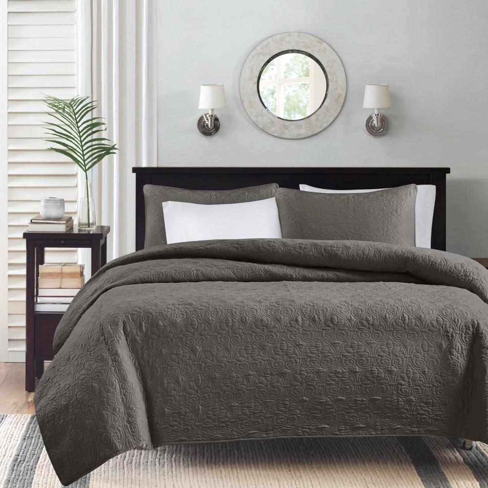 imageMadison Park Quebec Quilt Set Luxurious Damask Stitching Design Cotton Filled Lightweight Coverlet Bedspread Bedding Shams FullQueen90quotx90quot Cream 3 PieceDark Grey