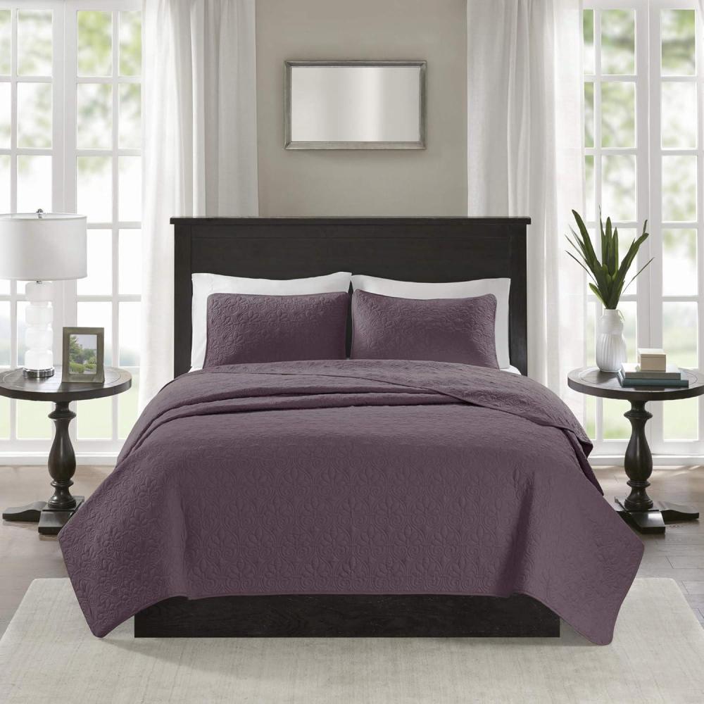 imageMadison Park Quebec Quilt Set Luxurious Damask Stitching Design Cotton Filled Lightweight Coverlet Bedspread Bedding Shams FullQueen90quotx90quot Cream 3 PiecePurple