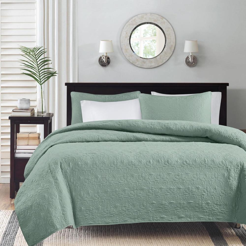imageMadison Park Quebec Quilt Set Luxurious Damask Stitching Design Cotton Filled Lightweight Coverlet Bedspread Bedding Shams FullQueen90quotx90quot Cream 3 PieceSeafoam