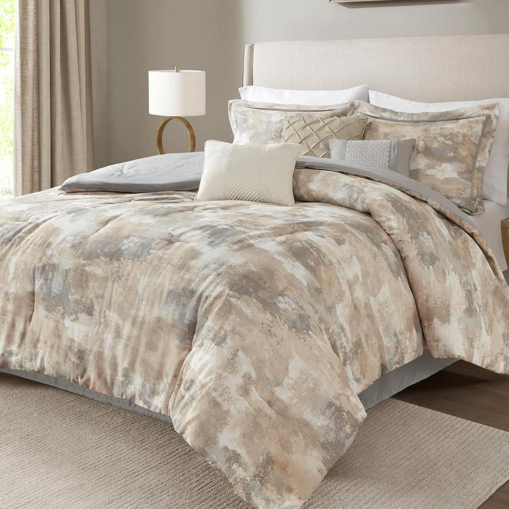 imageMadison Park Queen Comforter Set Abstract Print with Luxurious Texture Fluffy Queen Bedding Sets All Season Down Alternative Cotton Blend Queen Bed Set with Bedskirt ampamp Dcor Pillows Gray 7 PieceKing