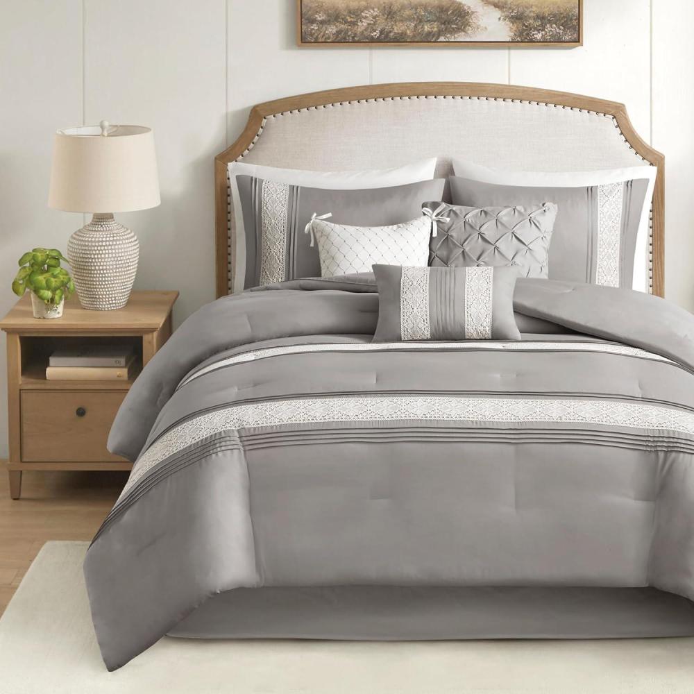 imageMadison Park Queen Comforter Set Farmhouse Queen Comforter Lace ampamp Pintuck Design Down Alternative All Season Bedding Set Bed Skirt Shams ampamp Decor Pillows Lacey Queen Grey 7 PieceGrey