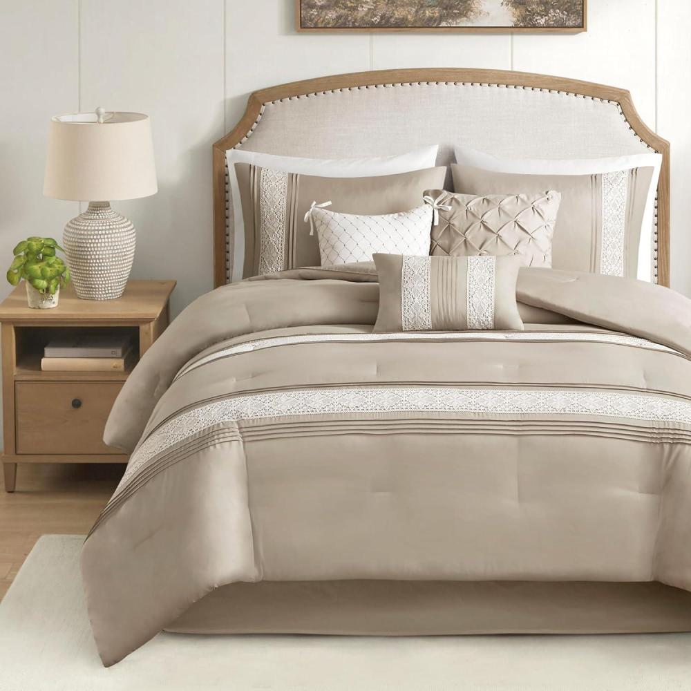 imageMadison Park Queen Comforter Set Farmhouse Queen Comforter Lace ampamp Pintuck Design Down Alternative All Season Bedding Set Bed Skirt Shams ampamp Decor Pillows Lacey Queen Grey 7 PieceTaupe