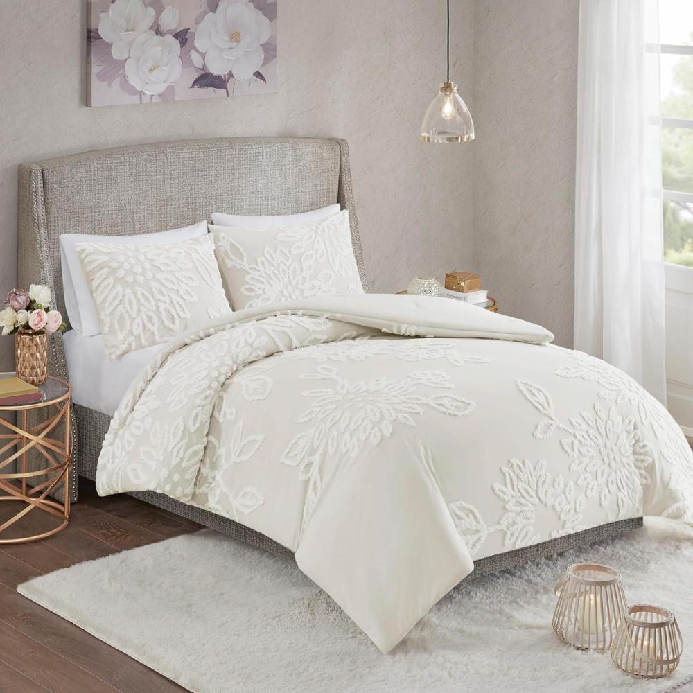 imageMadison Park Queen Duvet Cover Set Floral Chenille Tufted Cotton Duvet Cover for Queen Size Bed Soft ampamp Lightweight Queen Bedding Cover with Shams Veronica FullQueen GreyWhite 3 PieceOff White
